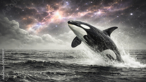 Surreal scene of a killer whale jumping above black and white sea beneath vibrant galaxy sky.
