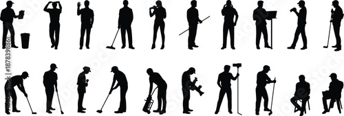 Worker silhouettes collection showing cleaning maintenance industrial jobs, people using tools and equipment, black vector illustration isolated flat design industry labor set