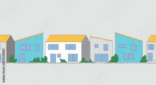 Row of Stylized Houses with Sloping Roofs and Green Bushes vector illustration