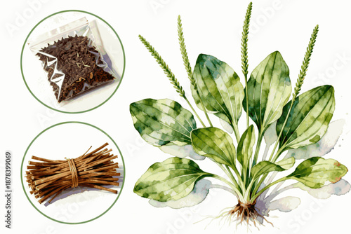 Natural Plantain Leaf Broadleaf plantain herbal isolated watercolor vector illustration svg