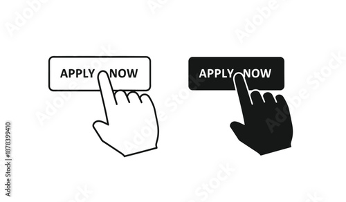 Black and white illustrations of hands clicking apply now buttons in line art style