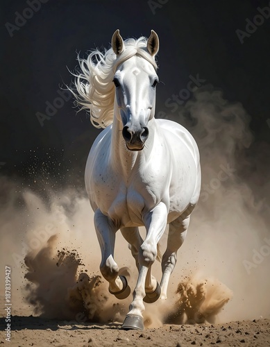 A majestic white steed charges toward the viewer, kicking up a cloud of sand, its long mane flowing in the wind