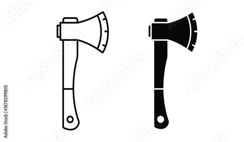 Two black and white line art illustrations of axes with handles and blades