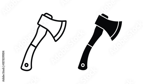 Two black and white line art illustrations of axes with handles