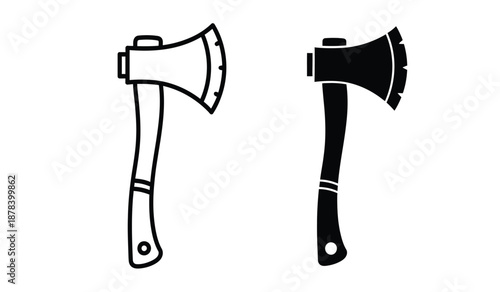 Two black and white line art illustrations of axes with handles
