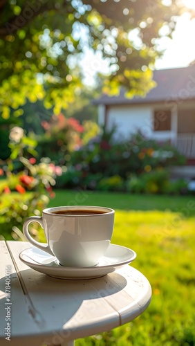 A serene outdoor setting with a cup on a table