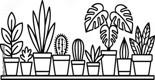 Minimalist Indoor Potted Plants Line Art Monstera, Cactus & Houseplants