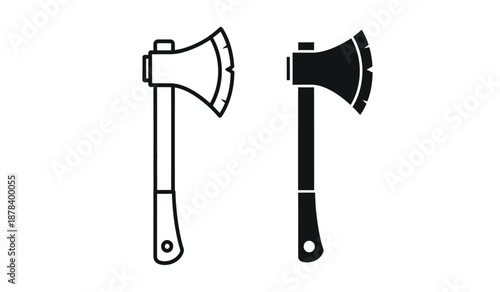 Two black and white line art illustrations of axes with handles and blades in different styles