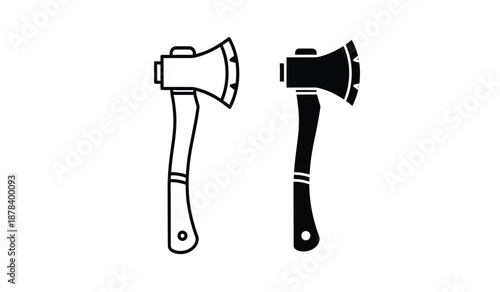 Two black and white line art illustrations of axes with handles