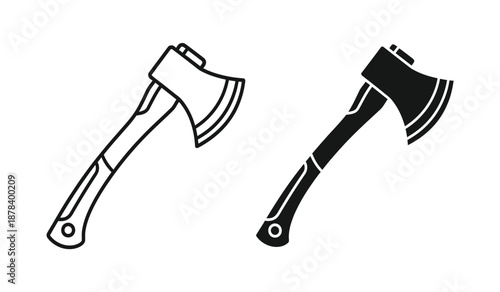 Two black and white line art illustrations of axes with handles and blades in different styles
