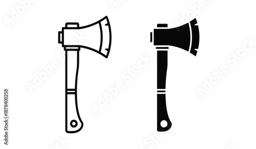 Two black and white line art illustrations of axes with handles