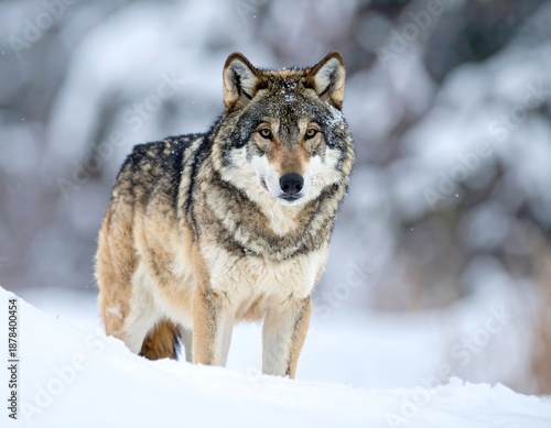 A majestic wolf in its natural snowy habitat, staring directly at the camera, with a blurred background