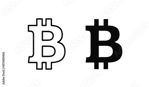 Two bitcoin symbols in black and white on a pure for cryptocurrency and finance designs