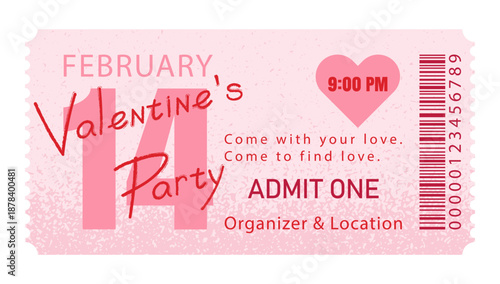 Valentine's Day party ticket template. Graphic design layout for invitations, flyers, social media posts, or entry passes for holiday celebrations and romantic events. Hand drawn vector illustration.