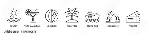 Scenic Journeys Icons set vector illustration with outline Sunset, Tropical drink, Location, Palm tree, Cruise ship, Mountains, Tickets