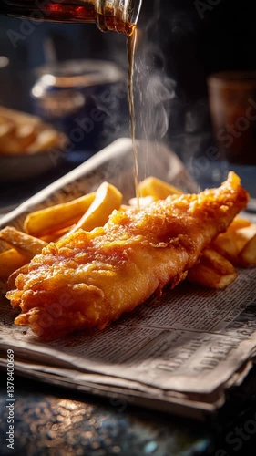 Golden crispy fried fish and chips, fresh brown delight, piping hot and steaming. Dark vinegar pouring, traditional British comfort food meal, satisfying hungry cravings