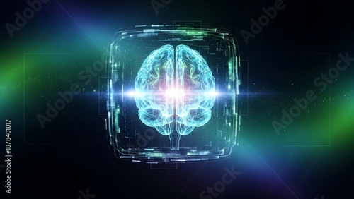 Secure AI Artificial Intelligence Brain Protected by Glowing Digital Shield - Cybersecurity & Data Protection