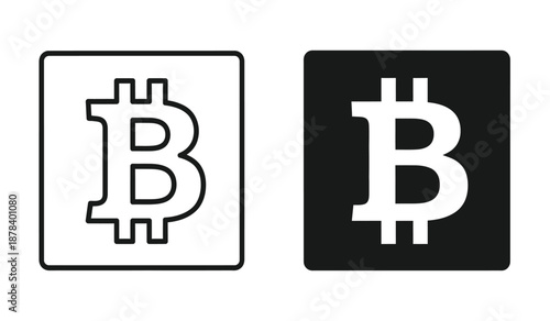 Bitcoin logo icons in black and white on square backgrounds