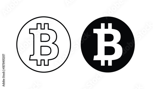 Bitcoin logo icons in white and black on for cryptocurrency and blockchain concepts