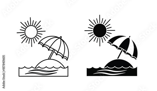 Black and white illustrations of beach umbrellas with sun and waves