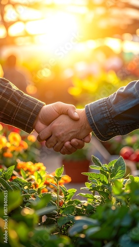 Handshake amidst vibrant plants, backlit by the warm glow of the setting sun inside a greenhouse