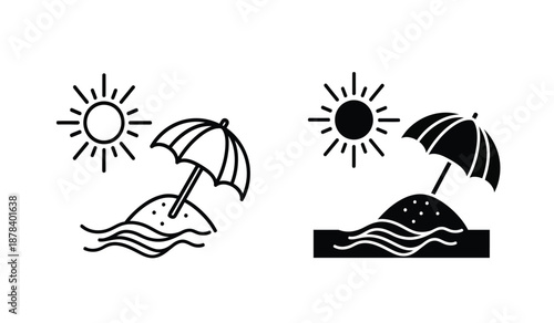 Black and white illustrations of beach scenes with umbrellas and sunny weather icons