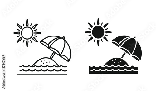 Black and white beach icons with umbrellas and sun symbols