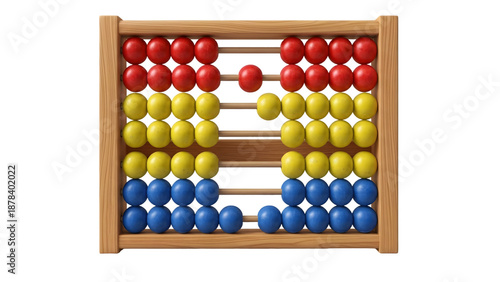 Abacus with red, yellow, and blue beads on white background