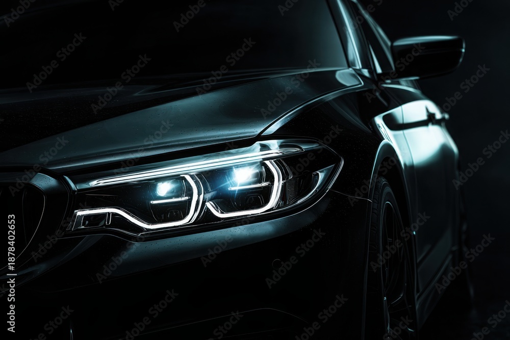 Fototapeta premium Close-up of modern car headlight glowing in a dark studio, emphasizing design and technology.