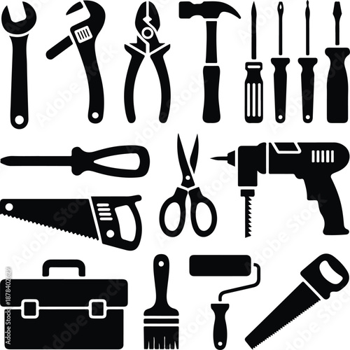 Collection of Black and White Hand Tools Icons