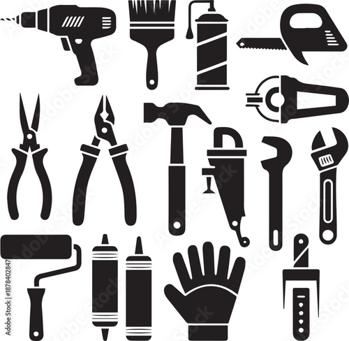Collection of Black and White Silhouettes of Tools