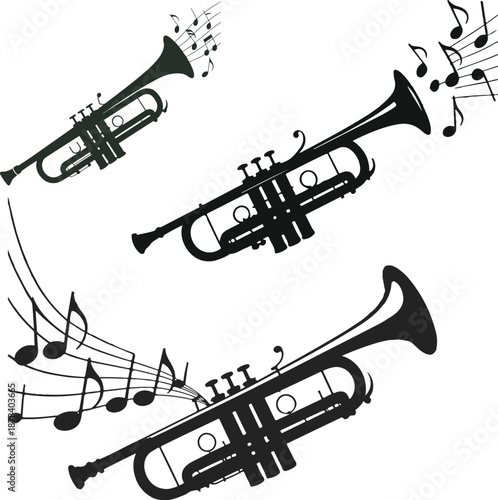 Silhouettes of Trumpets with Musical Notes