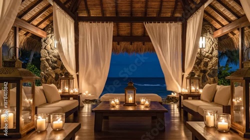 Romantic beach pavilion with candles and curtains at twilight