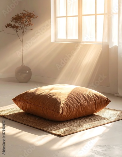 A serene room with a large orange cushion on a rug, bathed in sunlight streaming through a window
