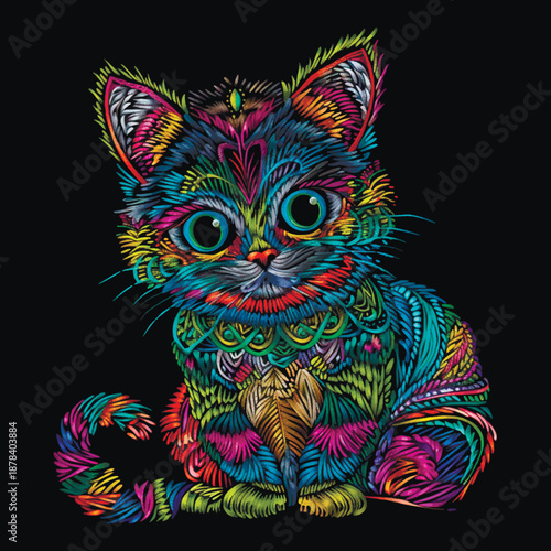 Ornate 3D embroidery vector of a cute kitten. Vibrant rainbow threads create a textured needlework effect on a black background. Ideal for crafts, apparel, and artistic prints.