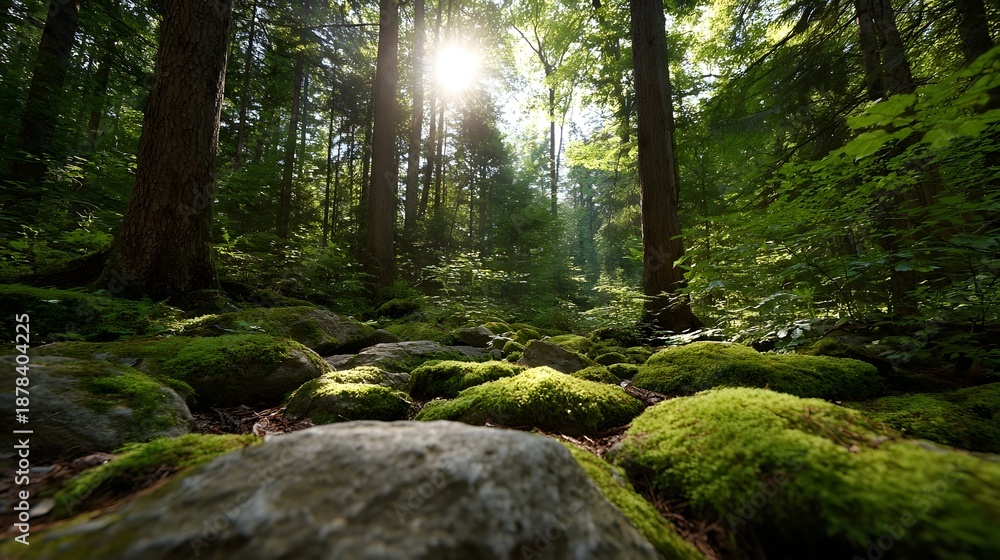 Obraz premium Sunlight streams through a dense forest canopy illuminating a serene moss covered rocky forest floor