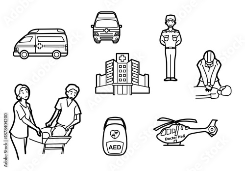 医療と救急現場の行動や設備を線画で表現したイラストセット｜救急車病院AED心肺蘇生など緊急医療の要素を整理した視認性の高い素材