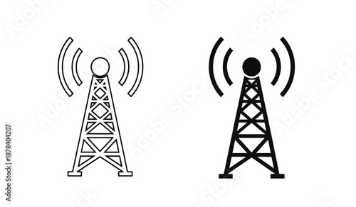 Two radio tower antennas emitting signals in black and white