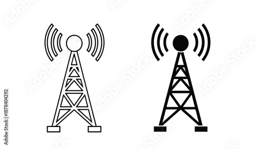 Two radio tower icons with signal waves emitting from the top, one in black and one in outline