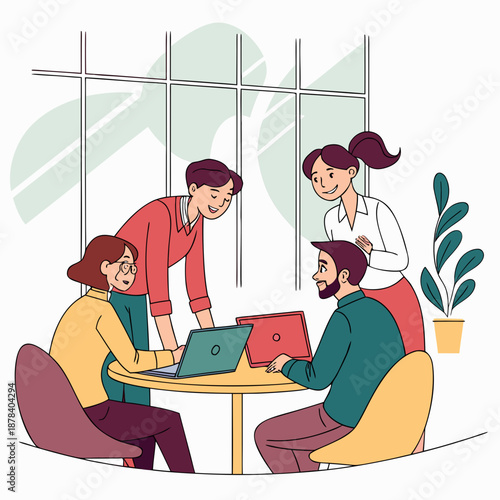Business team collaborating on a project in a modern office, fostering teamwork and innovation. An illustration depicts a diverse business team of four individuals actively collaborating around