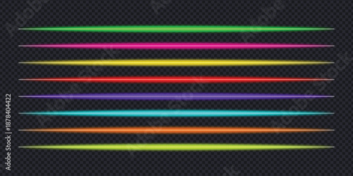 Colorful glowing neon light effect lines on a transparent background. glowing laser beams streaks, luminous neon lines symbol. vector illustration.