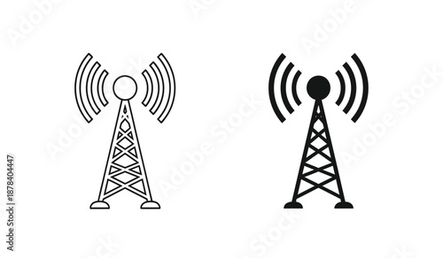 Two black and white radio tower icons with signal waves for communication and technology concepts