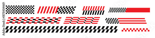 Racing stripes, warning tape patterns, checkered flag for design and sports icon vector. finish line, motocross labels, racing banner dynamic lines, motorsport symbol. vector illustration.