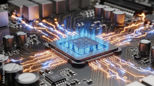 Futuristic computer processor chip with blue electricity on circuit board