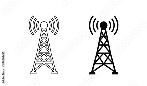 Two radio tower icons in black and white with signal waves emitting