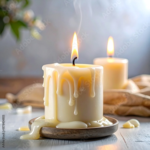 A serene scene featuring a lit candle with melting wax on a wooden plate