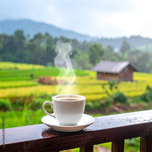 A serene rural scene with a steaming cup of coffee on a balcony overlooking green fields and a distant hut