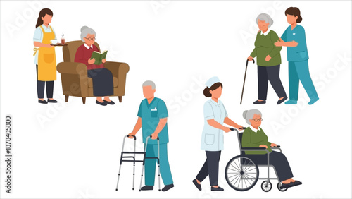 Senior Care Cartoon Vector Grandmother Reading, Grandfather Walking with Stick, Nurse Assisting with Wheelchair.