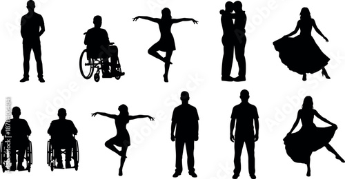 Diverse people silhouettes set including wheelchair users dancers couples standing figures inclusive lifestyle human poses vector illustration collection design assets