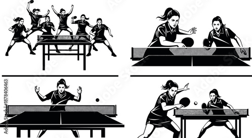 Dynamic women table tennis players silhouette set showing competitive ping pong actions, sports training, championship match moments, vector illustration